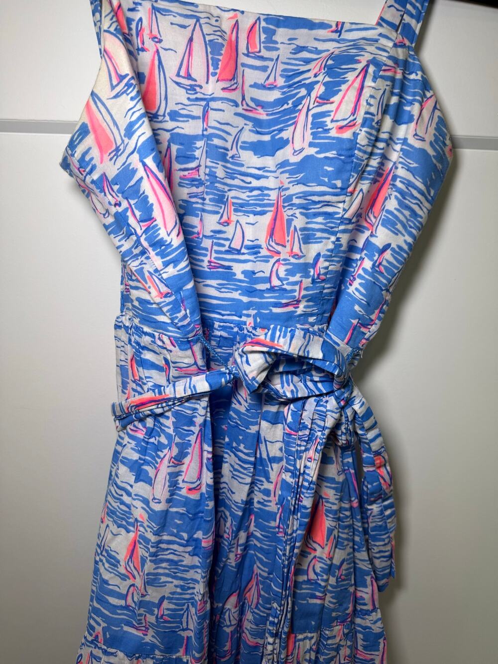 Lilly Pulitzer Maxi Dress Size 0 Blue Pink Sailboat Print Belted Coastal